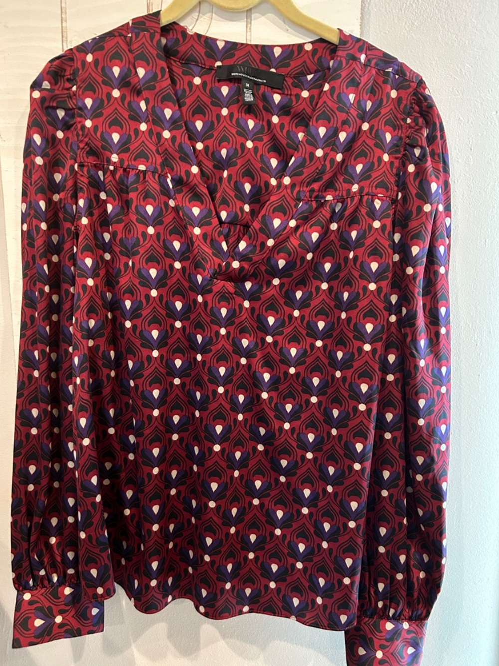 White House Black Market Red and Purple Geometric V-Neck Blouse